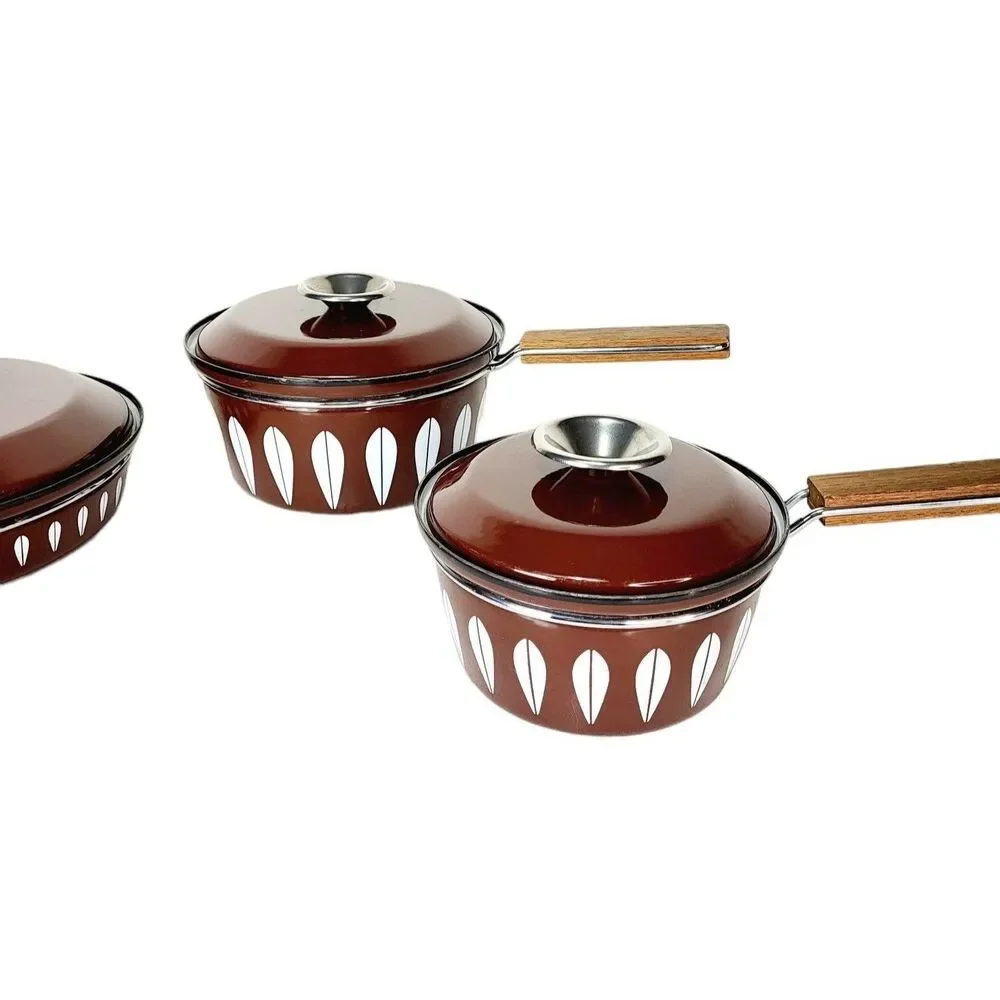 Vintage MCM Catherine Holm of Norway Brown Lotus Enamelware Pot & Pan 7 Pc Set